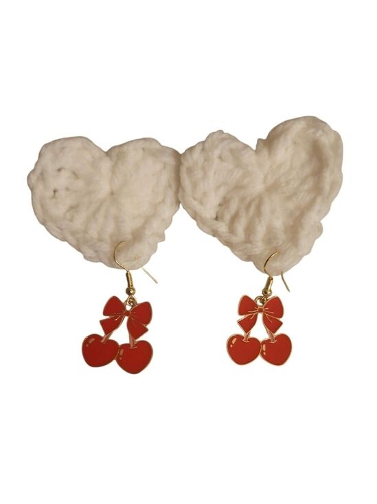 Handmade Jewelry - Handmade Artisan Elegant Red Cherry Earrings White Crochet Heart Red Bow